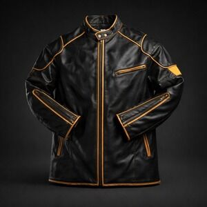 Manly Mens Black Faux Leather Cafe Racer Motorcycle Jacket Yellow Piping XL